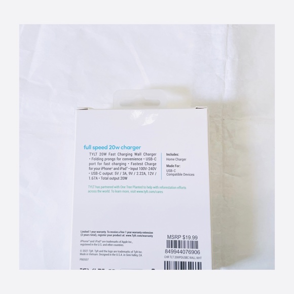 NEW TYLT Pull Speed 20W Wall Charger USB-C Port Foldable AC Prong - White - Picture 2 of 2